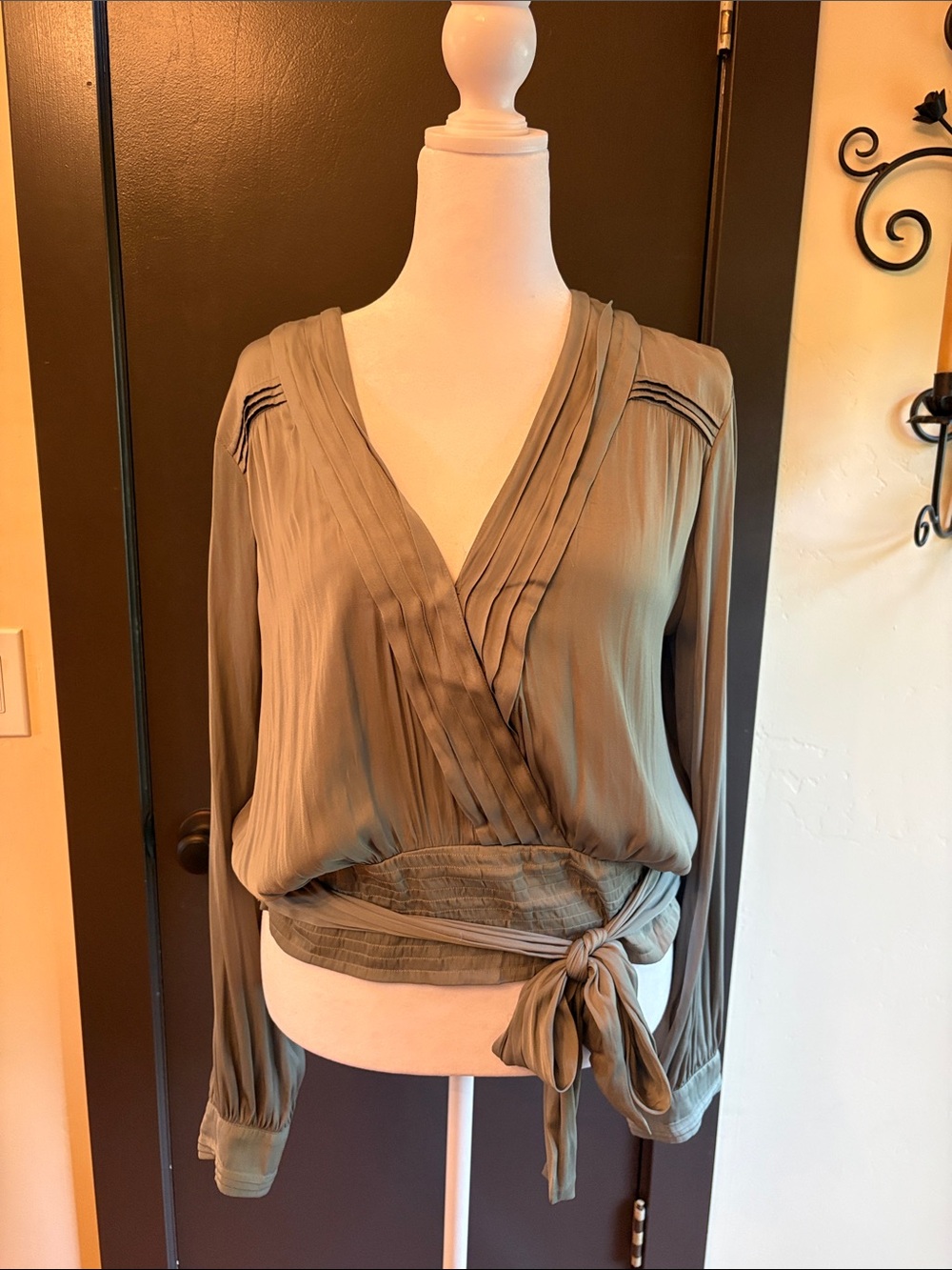 Anthropologie Olive Wrap-Style Blouse with Waist Tie